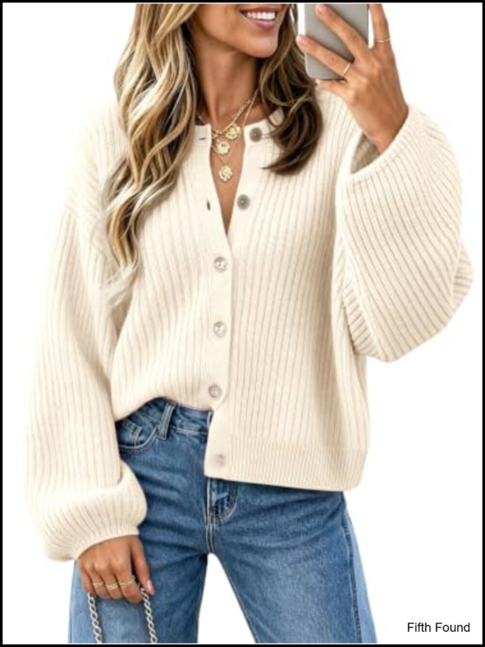 Womens Button Down Cardigan Lantern Sleeve Chunky Ribbed Knit Sweater